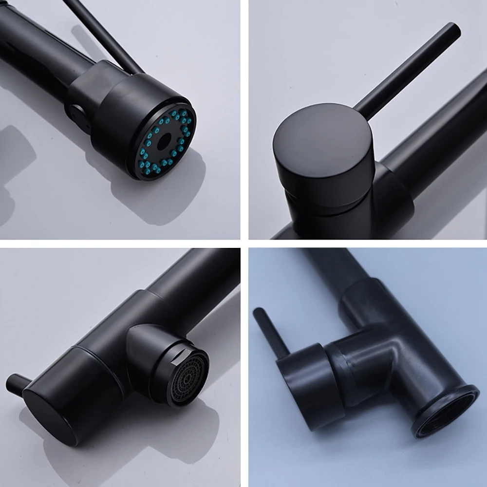 DQOK-Évier de cuisine à nervures à ressort brossé noir, robinet de grue de centre commercial d'eau chaude et froide, bec de touristes monté sur le pont – Image 4