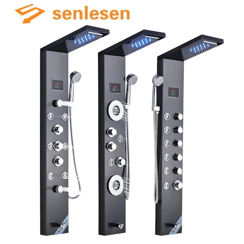 Panneau de douche colonne de douche, affichage numérique, laiton noir, jets de massage, douchette à main, eau chaude et froide, robinet de centre commercial
