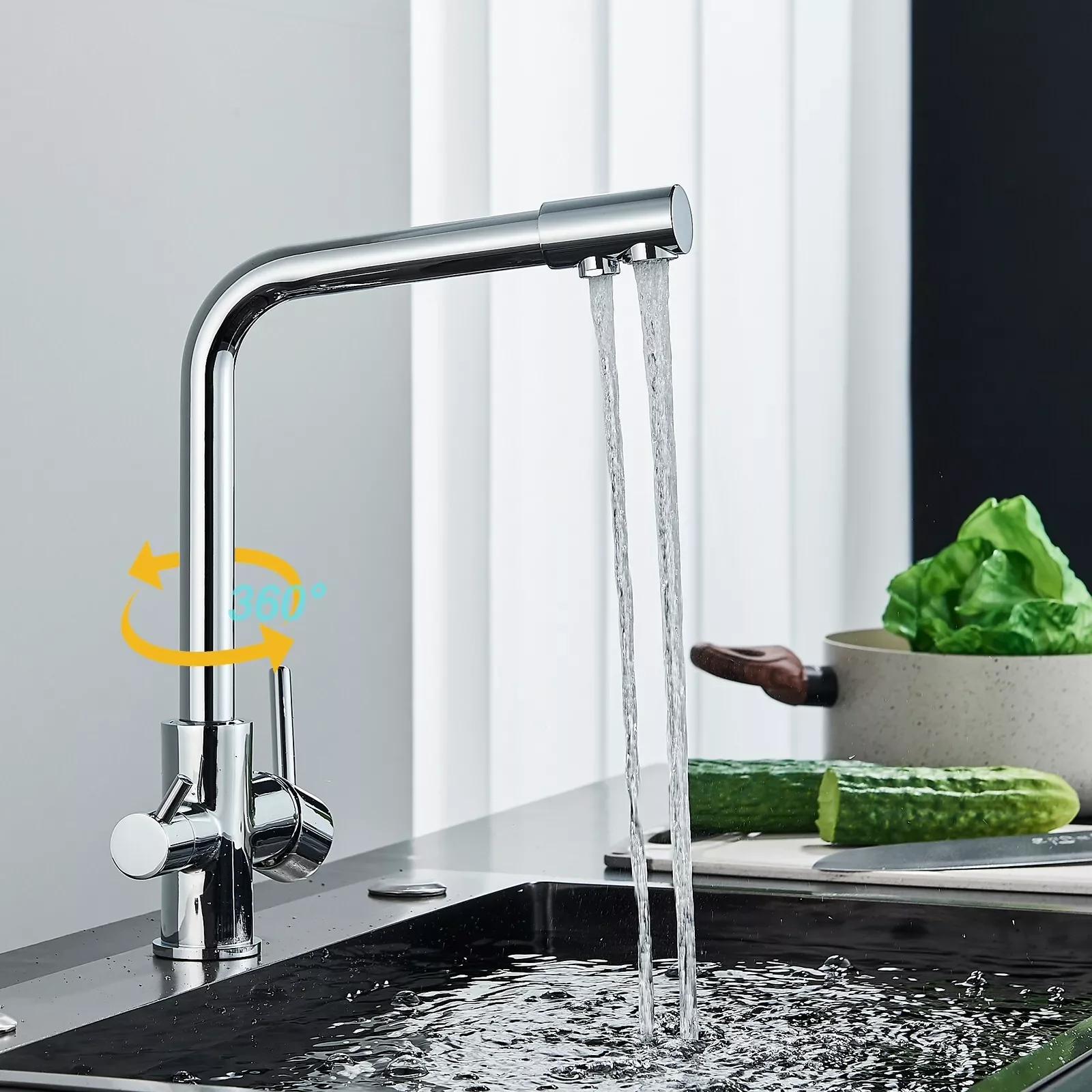 Robinet de cuisine d'eau Pure en laiton chromé, double poignée, eau potable chaude et froide, filtre à 3 voies, robinets mélangeurs purifiés de cuisine – Image 2