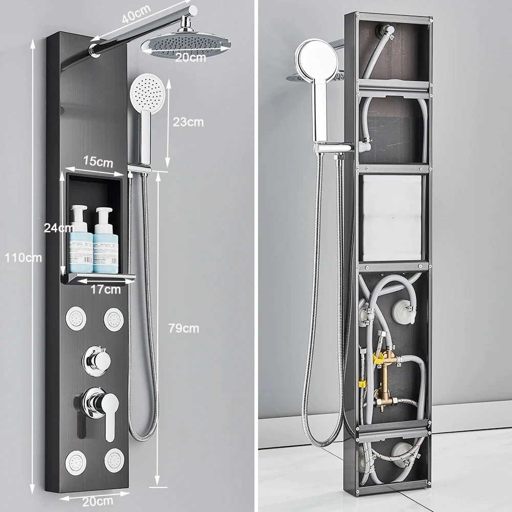 Colonne de panneau de douche en Nickel brossé, pomme de douche pluie et cascade, Jets de Massage, mitigeur chaud et froid, robinet de salle de bains et de douche – Image 5