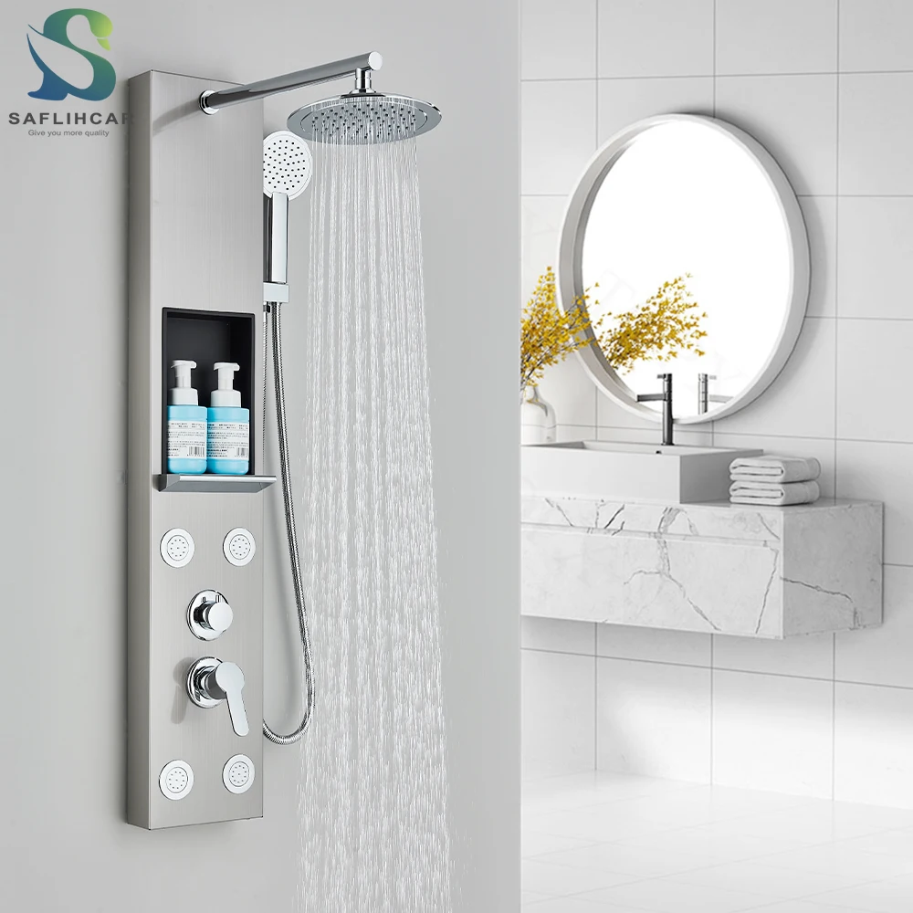 Colonne de panneau de douche en Nickel brossé, pomme de douche pluie et cascade, Jets de Massage, mitigeur chaud et froid, robinet de salle de bains et de douche