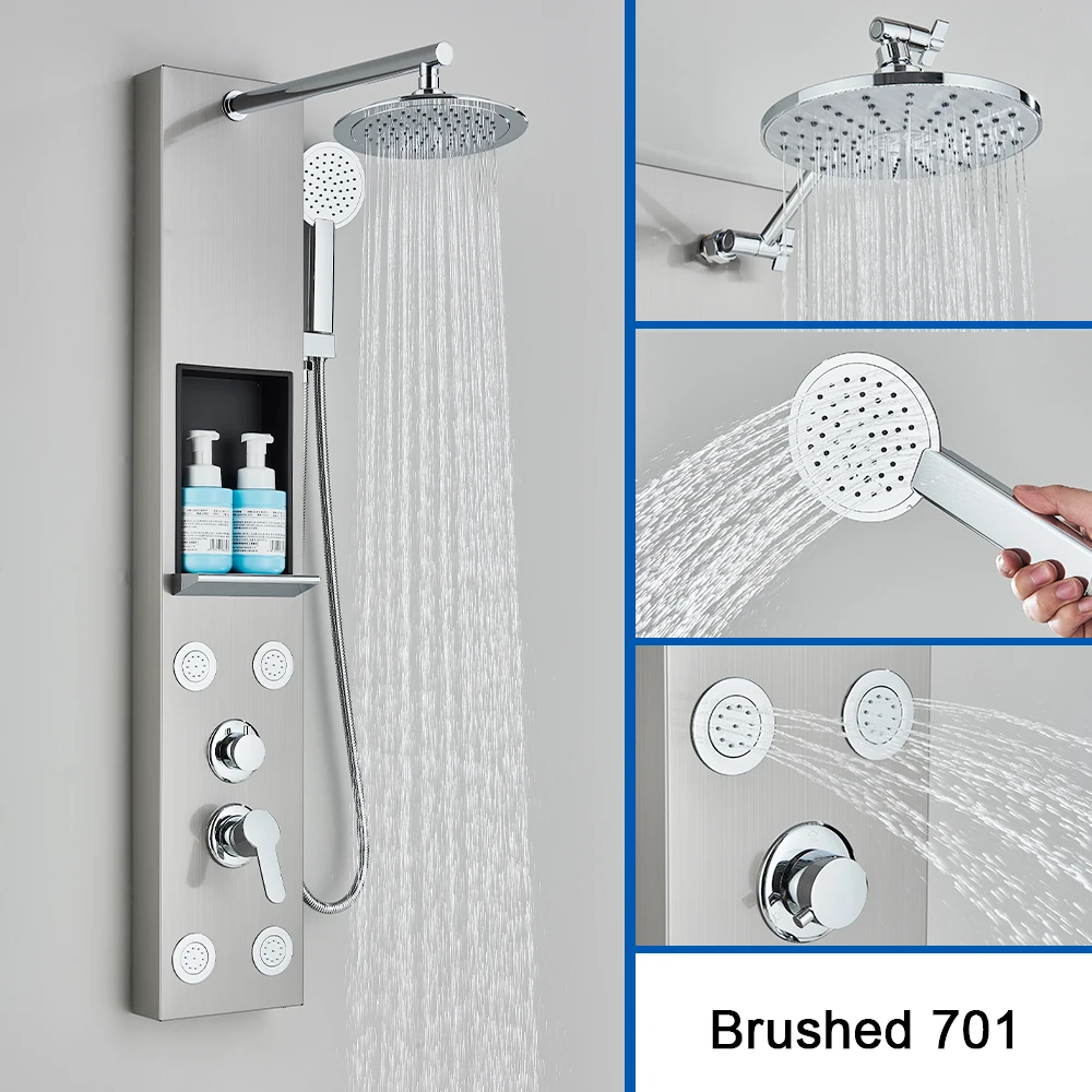 Colonne de panneau de douche en Nickel brossé, pomme de douche pluie et cascade, Jets de Massage, mitigeur chaud et froid, robinet de salle de bains et de douche – Image 2