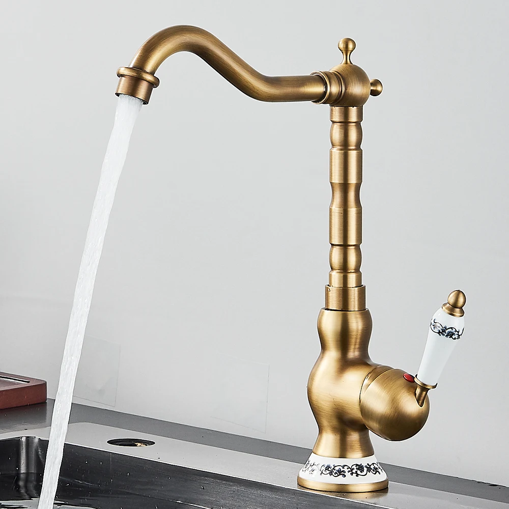 Robinet de lavabo en laiton Antique rétro, mitigeur à poignée unique, robinet de cuisine rotatif à 360 degrés, robinets mélangeurs de cuisine – Image 3