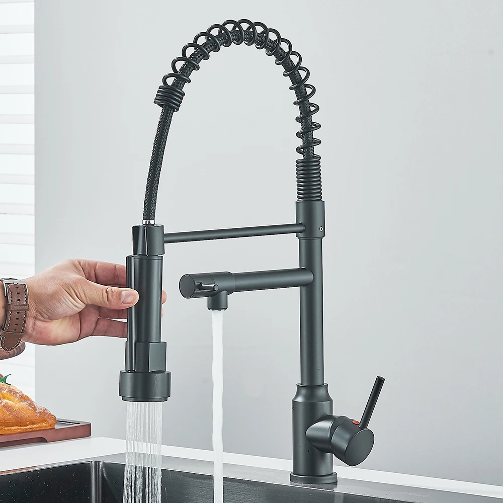 Robinet de cuisine à ressort extractible, mitigeur d'eau chaude et froide à levier unique pour évier de cuisine, robinets à double bec, grue – Image 3