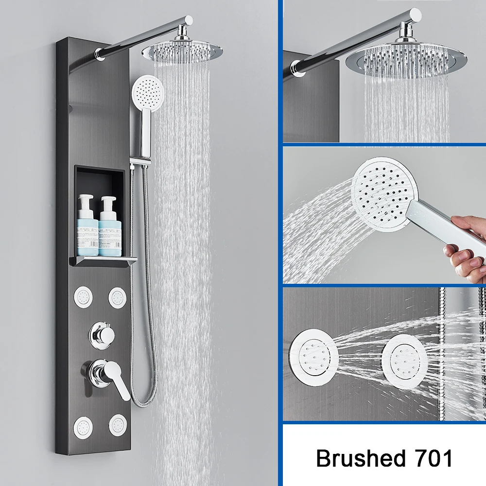 Colonne de panneau de douche en Nickel brossé, pomme de douche pluie et cascade, Jets de Massage, mitigeur chaud et froid, robinet de salle de bains et de douche – Image 3