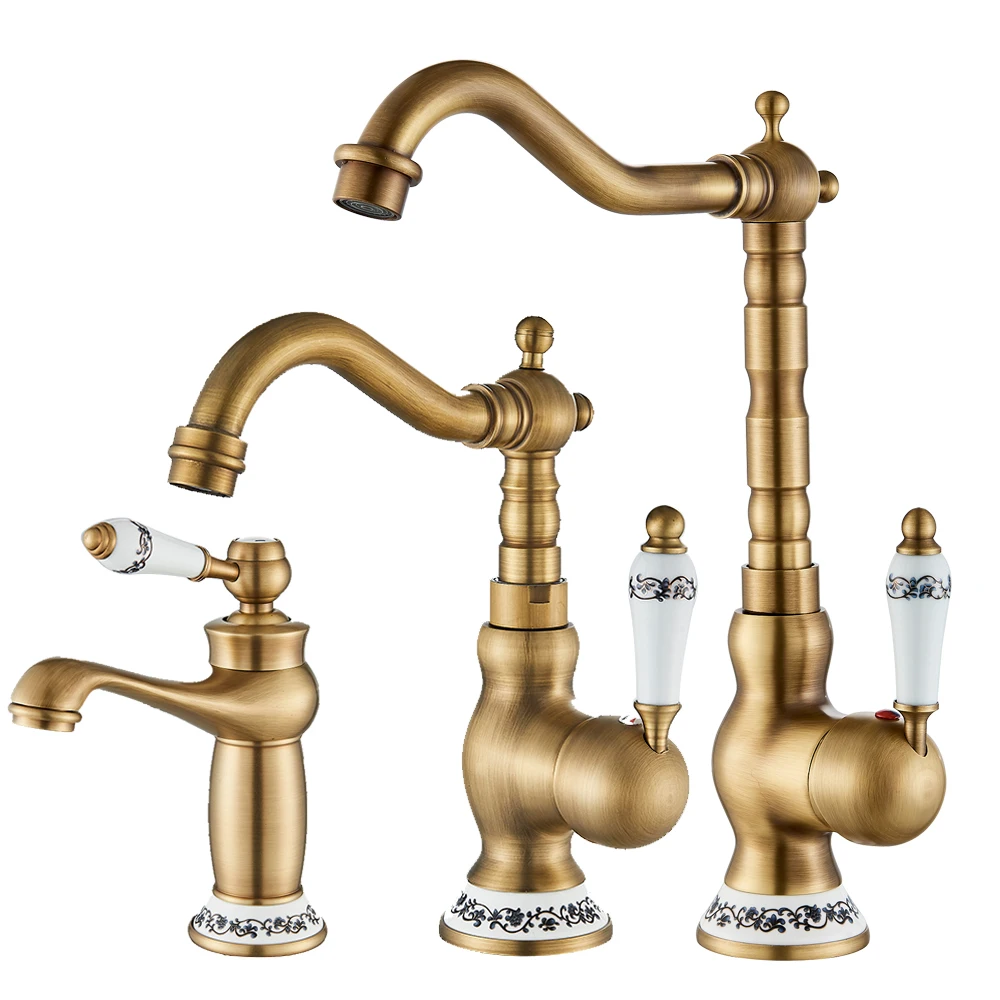 Robinet de lavabo en laiton Antique rétro, mitigeur à poignée unique, robinet de cuisine rotatif à 360 degrés, robinets mélangeurs de cuisine